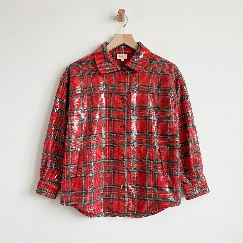 BIBI Red Plaid Sequin Button Up Shirt Top Shacket Womens Small Holiday Oversized